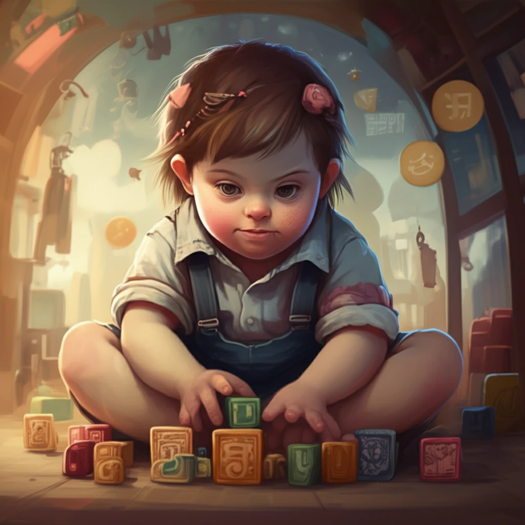 Child with Down Syndrome playing with noun and verb building blocks.