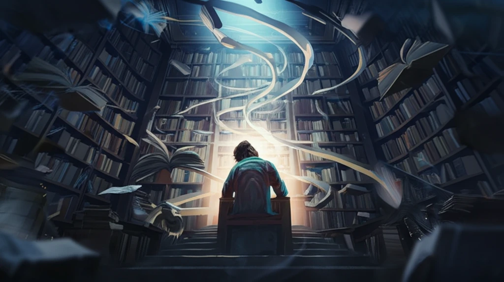 Surreal illustration of Werner Jaeger in a magical library, surrounded by books and the spirit of Aristotle, symbolizing his quest to unravel the Metaphysics.