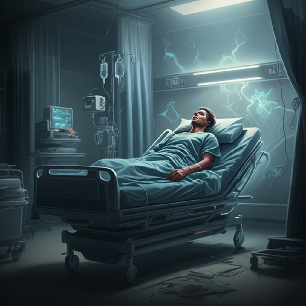 Surreal illustration of post-gastrectomy pain relief using dexmedetomidine.