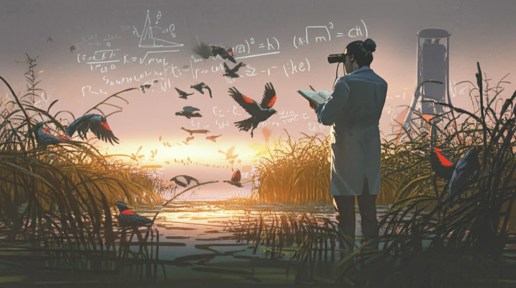Scientist observing red-winged blackbirds in a marsh.