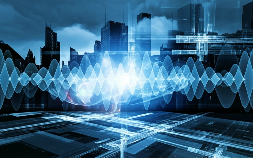 Acoustic control concept art: sound waves sculpted in a futuristic cityscape.