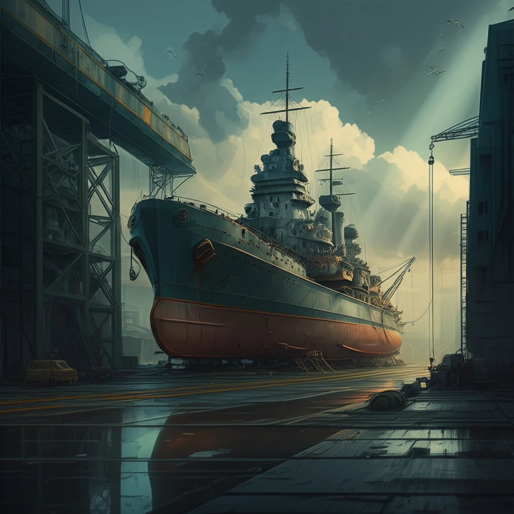 1930s shipyard with battleship symbolizing economic recovery