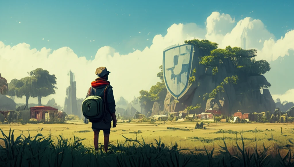 A person in a rural Ethiopian landscape contemplating a medical bill turning into a shield.