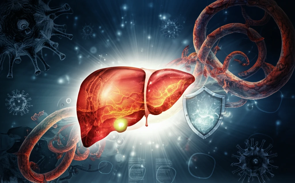 Surreal illustration of a healthy liver intertwined with antiviral medication.