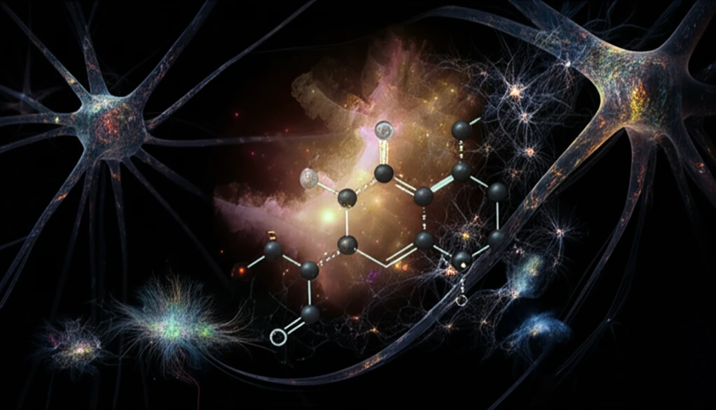 Glowing benzothiophene molecule intertwined with neural networks, symbolizing Alzheimer's research.