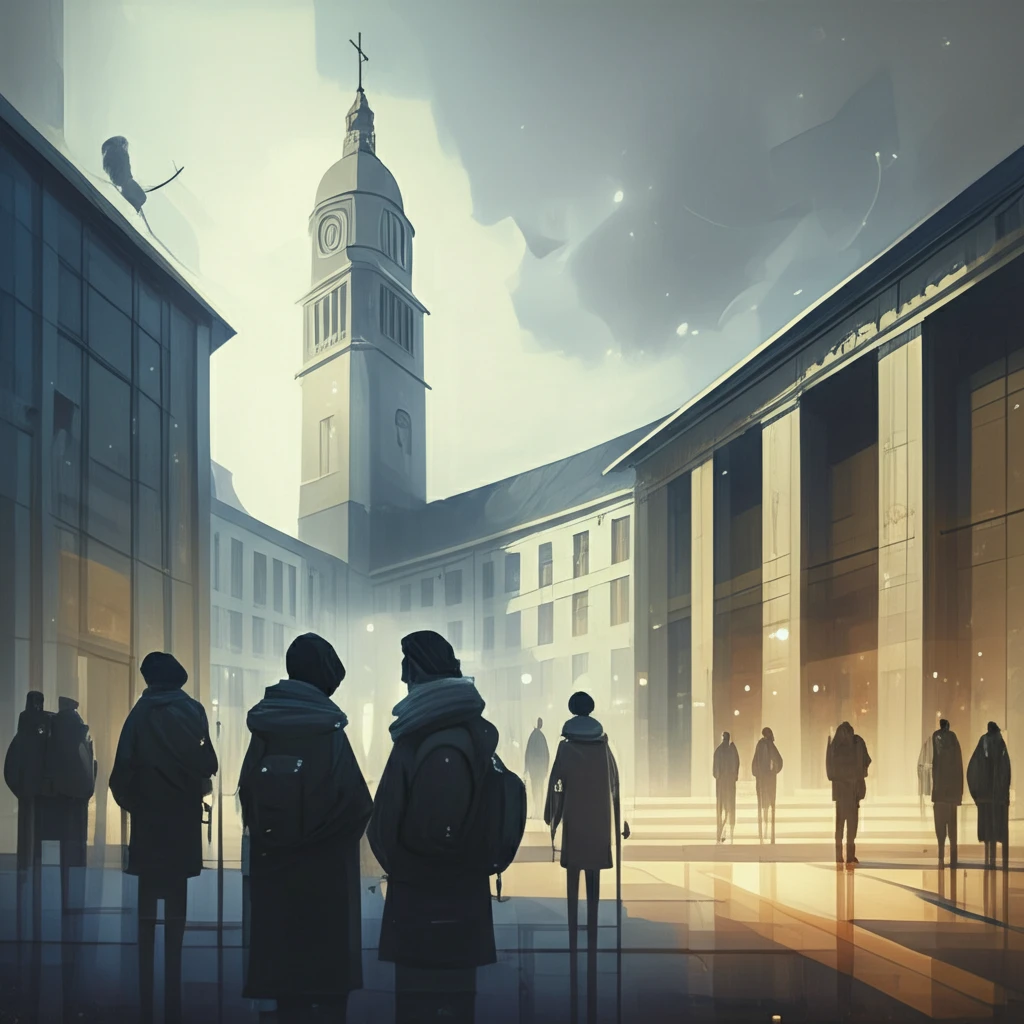Abstract illustration of a university campus symbolizing drug use, socioeconomic factors, and religious influences.