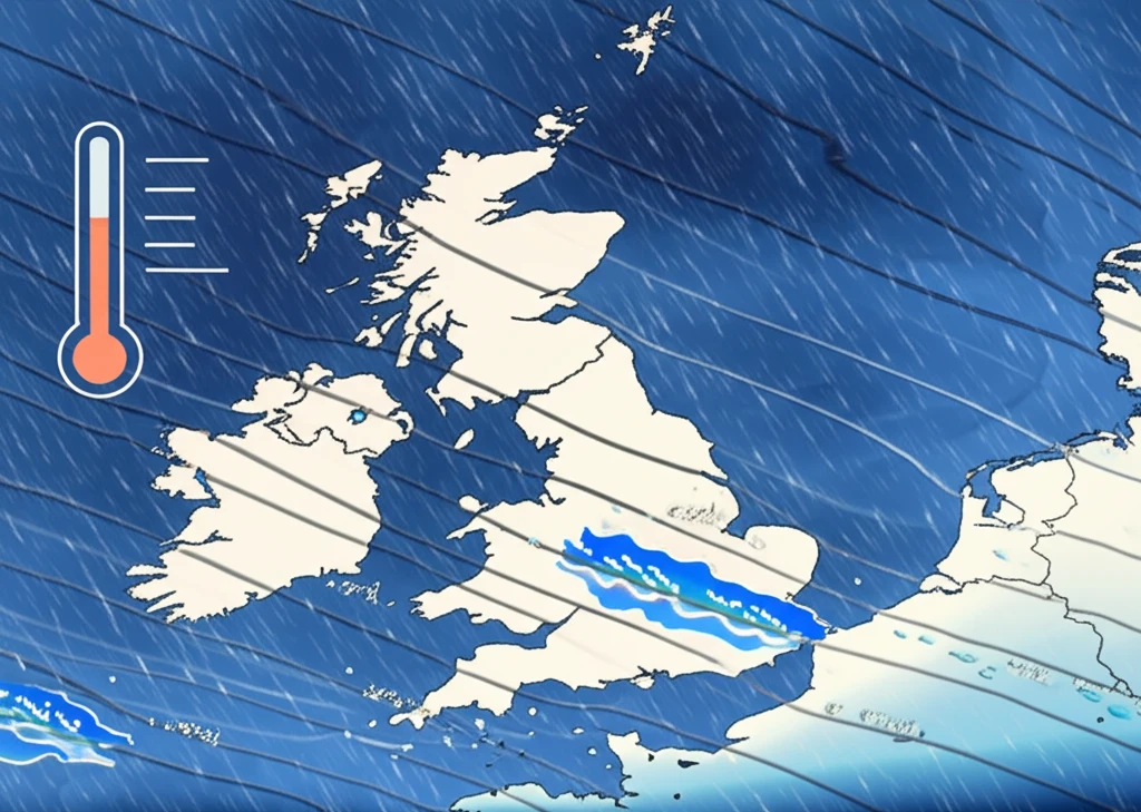 Westerly winds divide snowy Scotland and dry England in a surreal weather illustration.