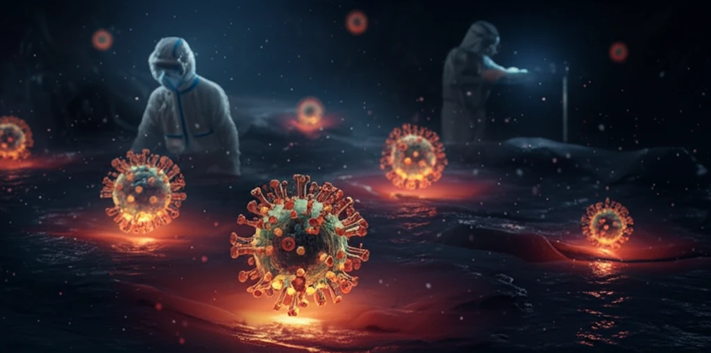 Surreal illustration of Ebola virus particles within human cells, healthcare workers in background.