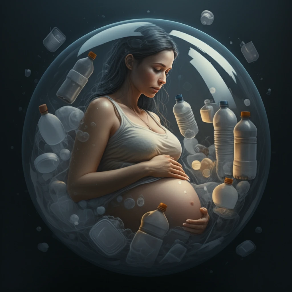 Pregnant woman surrounded by a protective bubble of BPA-free products.