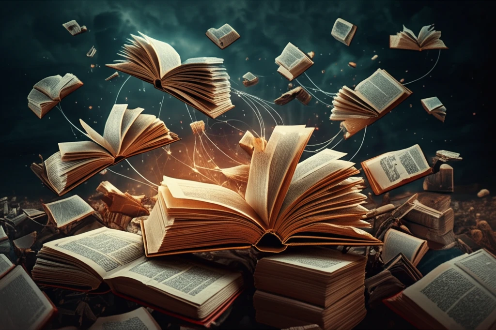 Vintage books floating between Spain and Latin America.