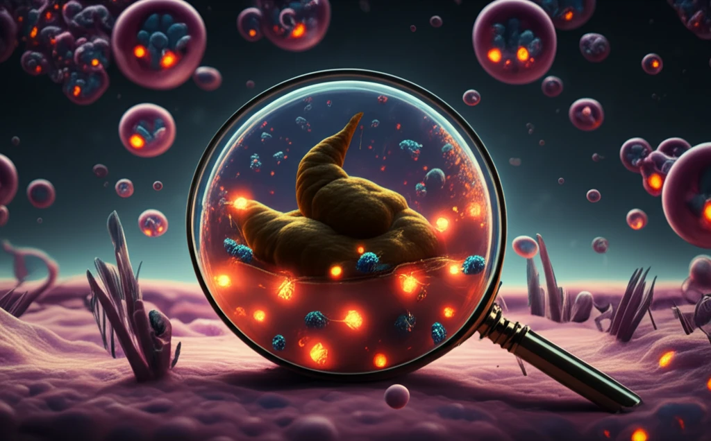 Surreal illustration of a stool sample transforming into a landscape, visualizing fecal biomarkers.