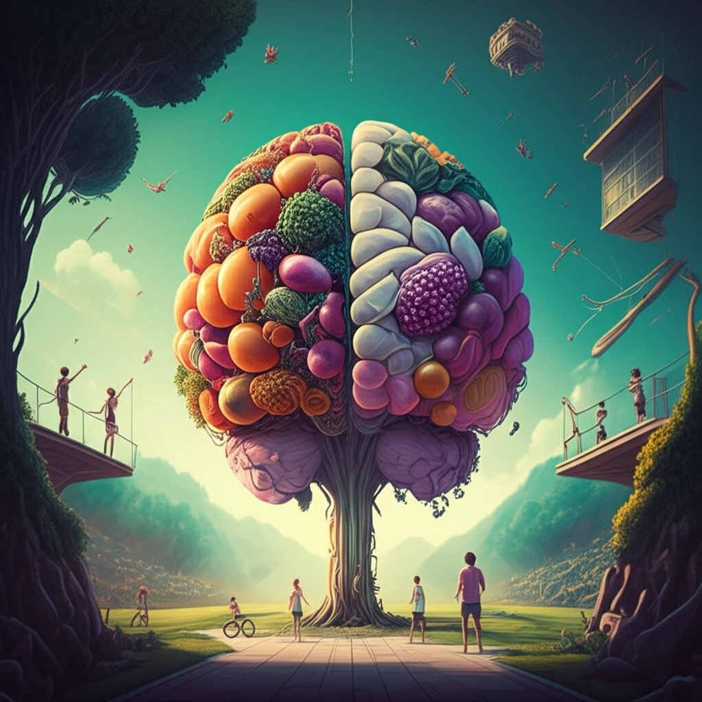 Brain garden filled with fruits, vegetables, and active people, symbolizing dementia prevention.