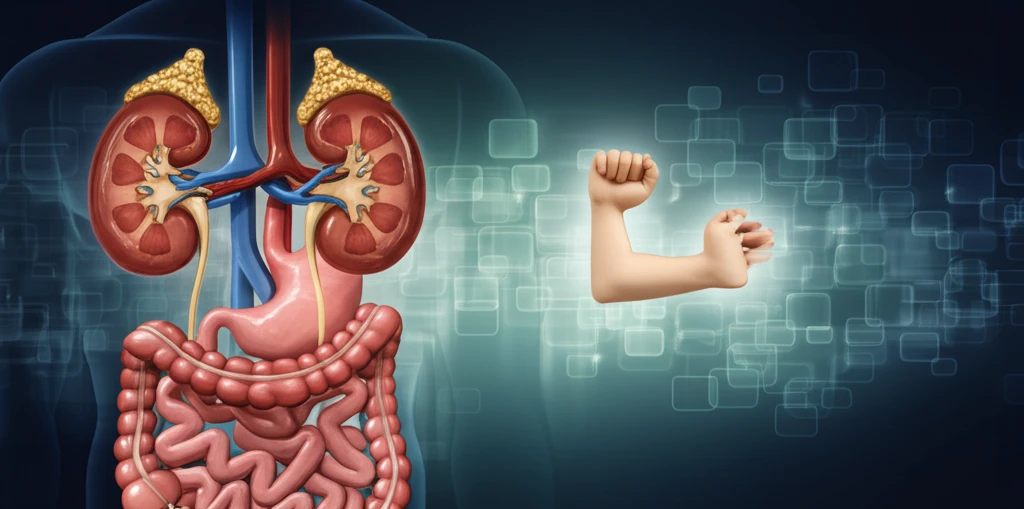 Interconnected kidneys, intestines, nutrition measuring tape, and a hand symbolizing strength.