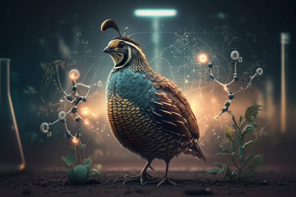 Surreal illustration of a quail in a lab, surrounded by glycine and glutamate molecules, representing sustainable farming.