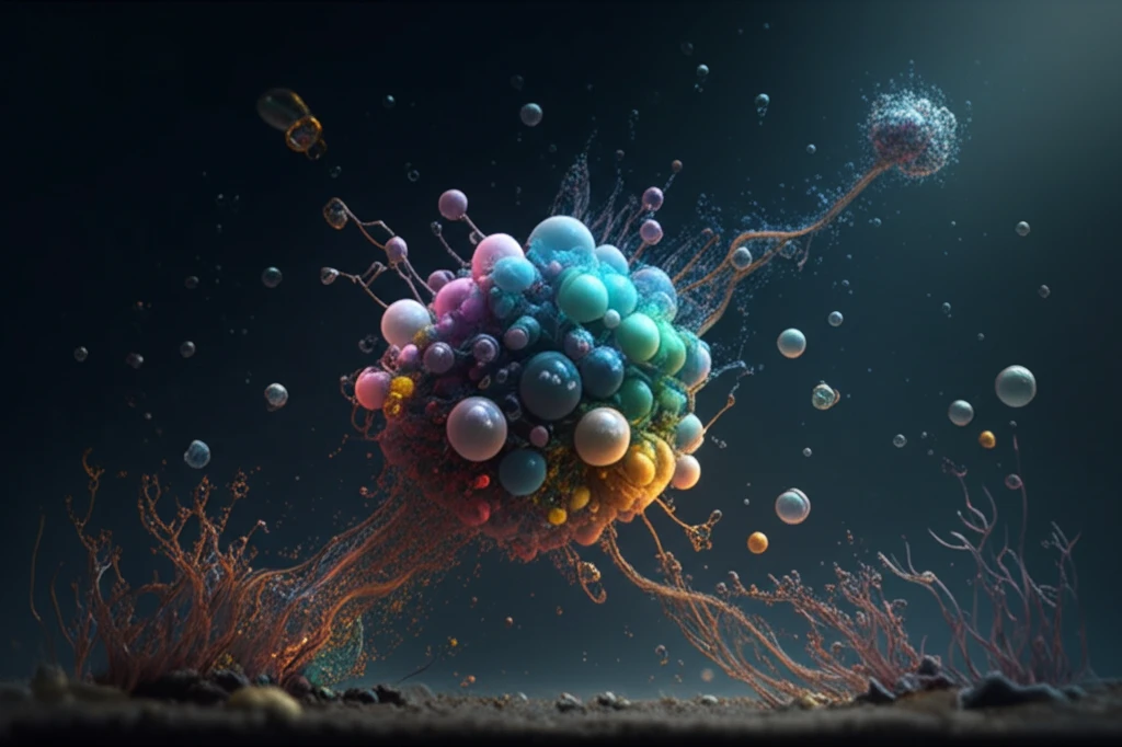 Microscopic view of plastic particles releasing glowing organic matter in the ocean.