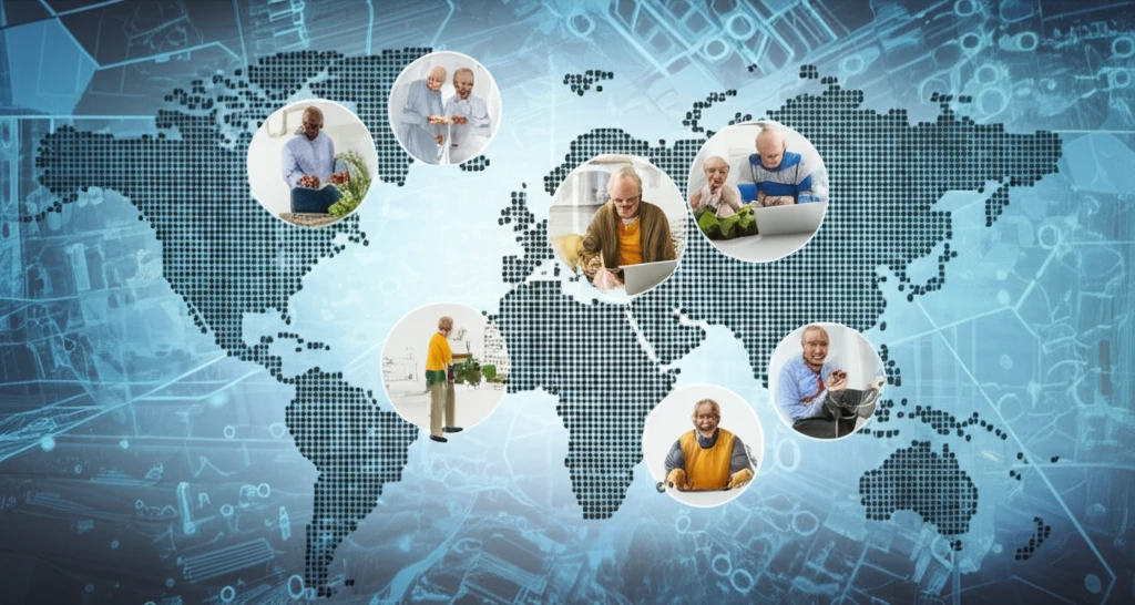 Diverse group of older adults thriving in a world supported by progressive aging policies.
