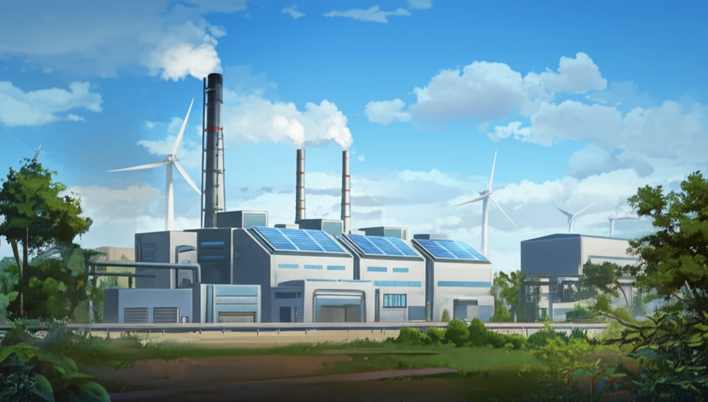 A futuristic zero-emission factory with integrated solar panels and surrounding renewable energy sources.