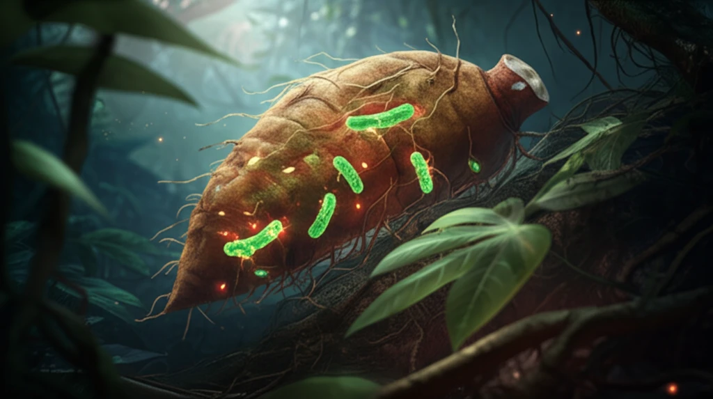 Cassava roots protected by glowing bacteria.