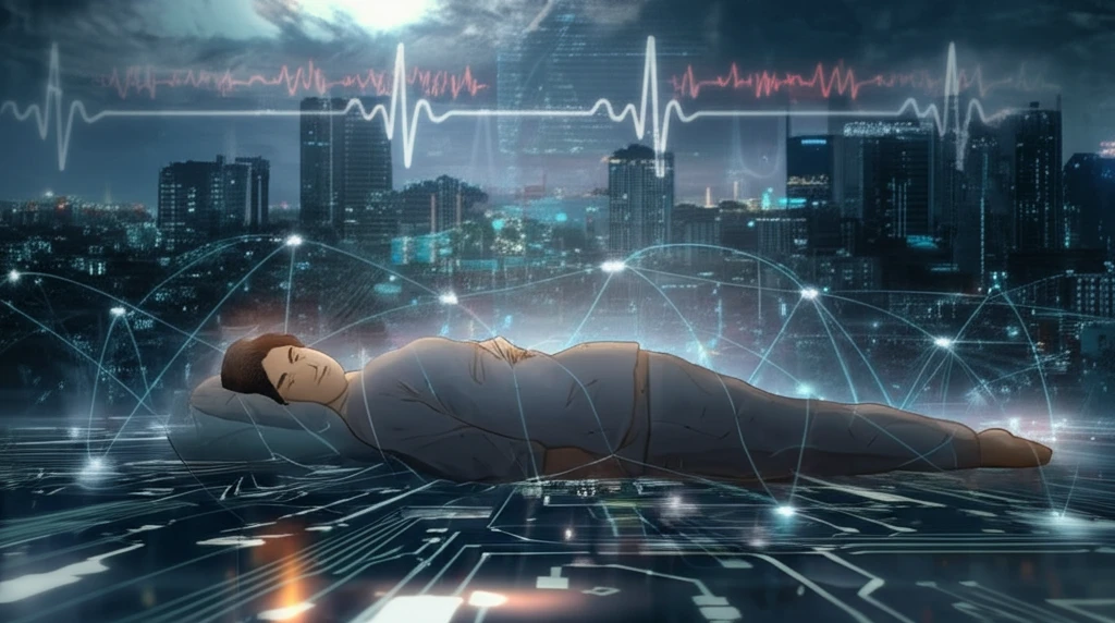 Person sleeping peacefully surrounded by glowing, interconnected sensor nodes, with a futuristic cityscape in the background.