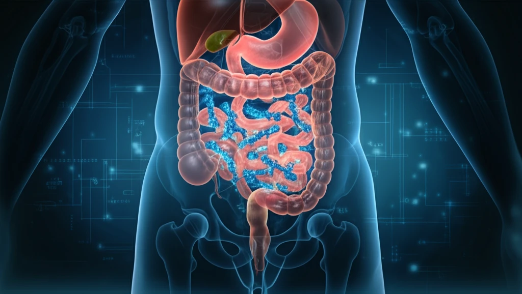 Glowing Bis proteins enhance gut health in a vibrant digestive system.