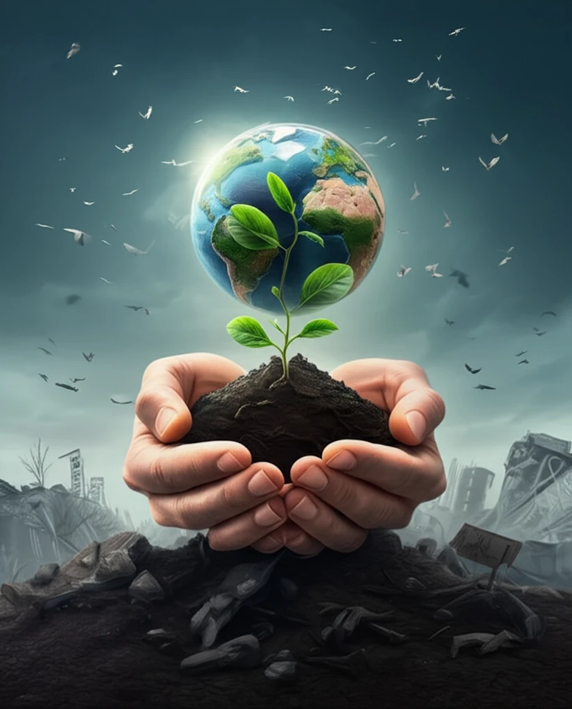 Hands holding Earth seedling in polluted landscape.