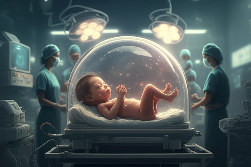 Surreal illustration of a protected infant in a NICU setting.