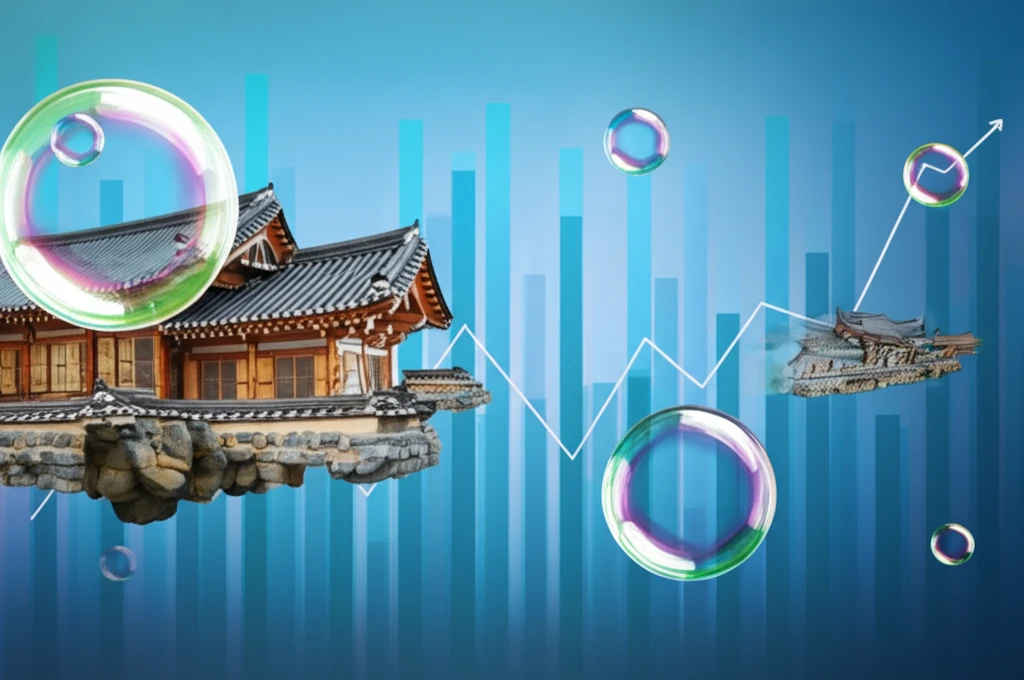 Korean houses on bubbles, market trend graph in background.