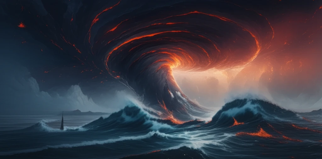 Surreal illustration of a cyclone emerging from the Pacific Ocean.