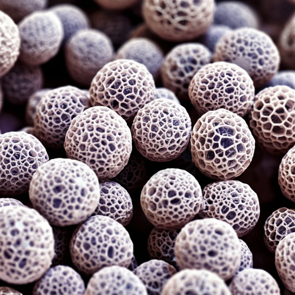 Microscopic view of magnesium carbonate particles under pressure.