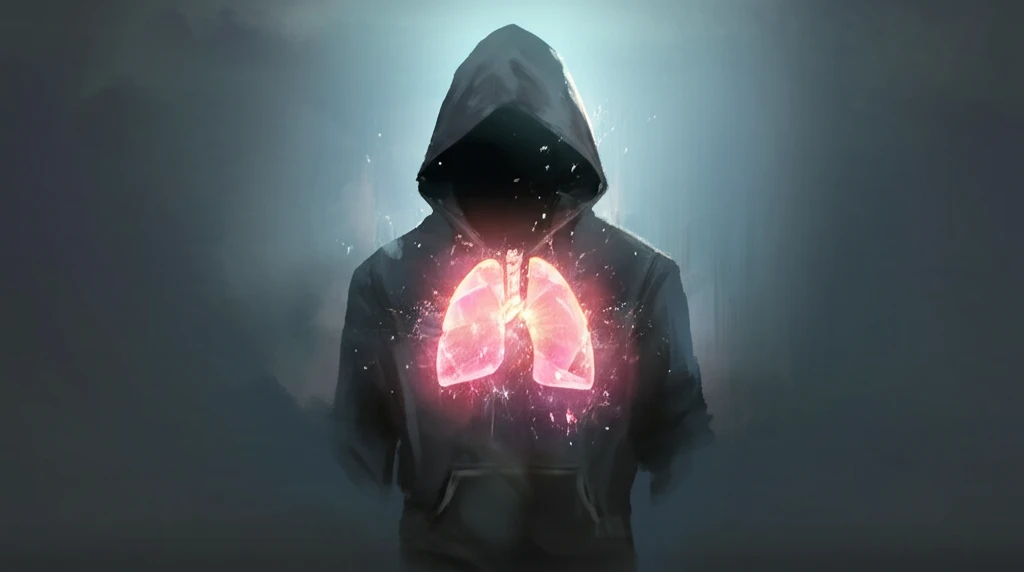 Surreal illustration symbolizing the discovery of lung cancer through Acquired Hemophilia A