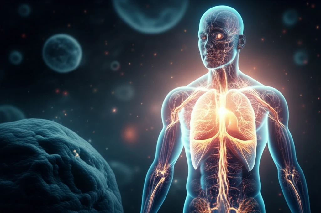 Glowing human torso with light networks symbolizing radiation pathways in cancer treatment.