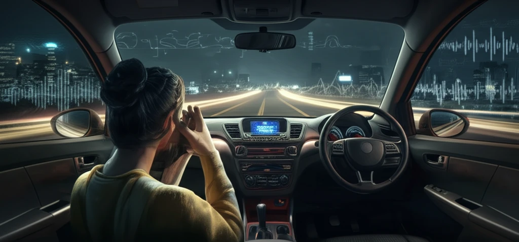 Illustration of a tired driver with EEG brainwaves in the background, symbolizing fatigue detection.