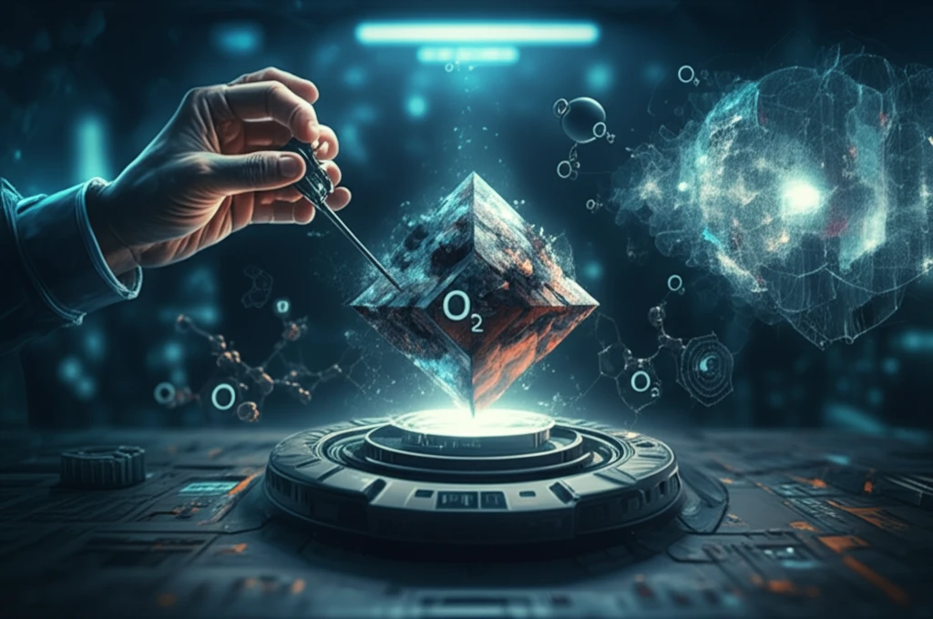 Surreal illustration of a hand sculpting a perovskite crystal for oxygen evolution.