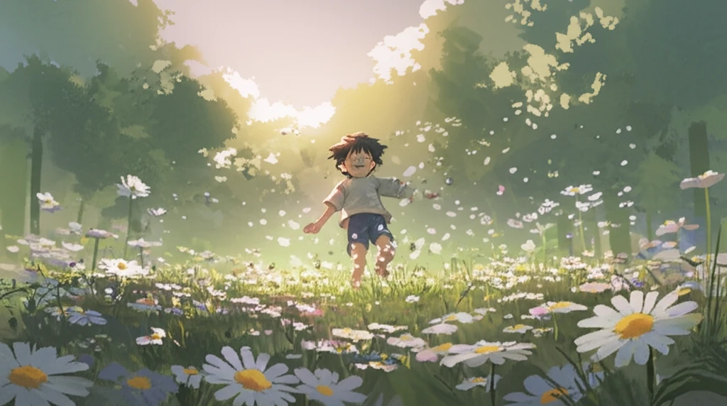 Child playing carefree in a field of chamomile flowers, symbolizing relief from digestive issues.