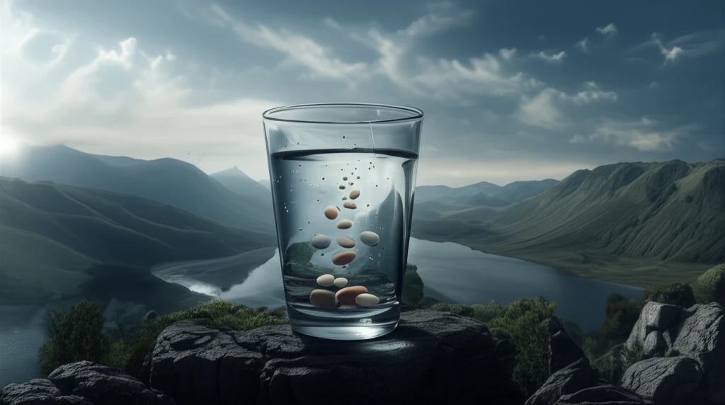 Surreal image of water subtly mixed with medication pills, symbolizing potential water contamination by pharmaceuticals like metformin.