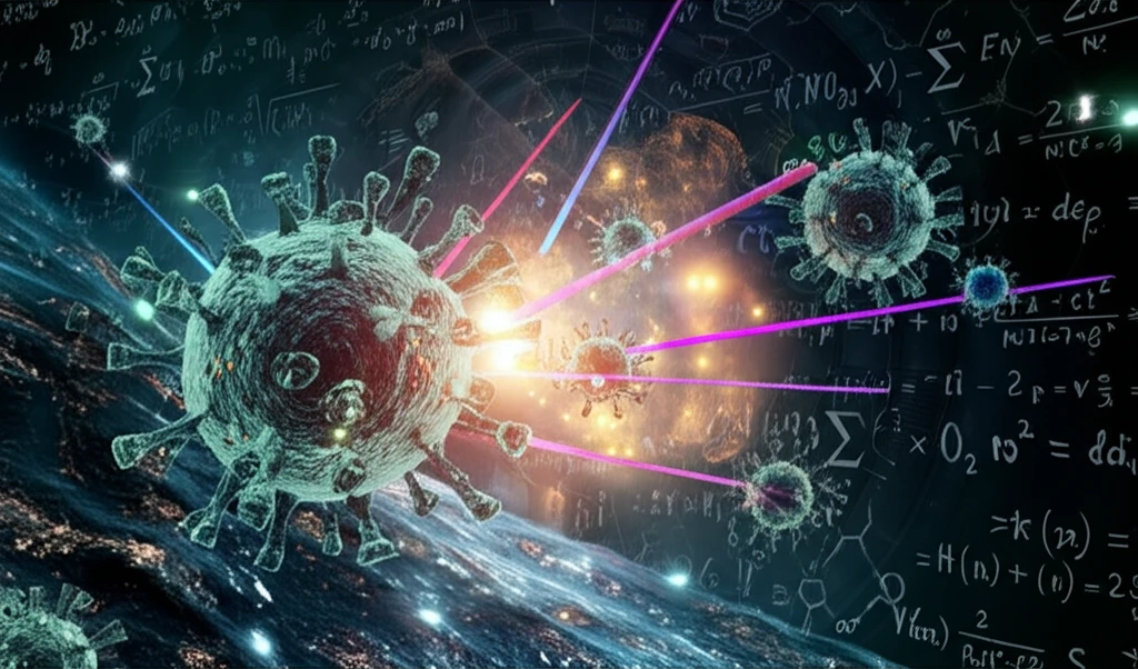 Influenza virus being attacked by beams of antiviral drugs.