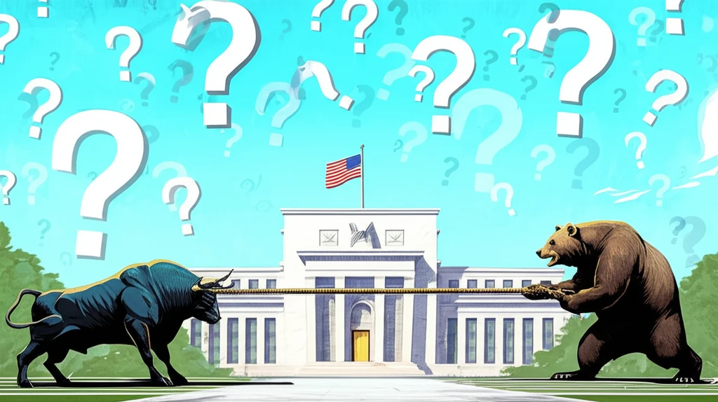 Surreal illustration of market forces battling over the Federal Reserve.