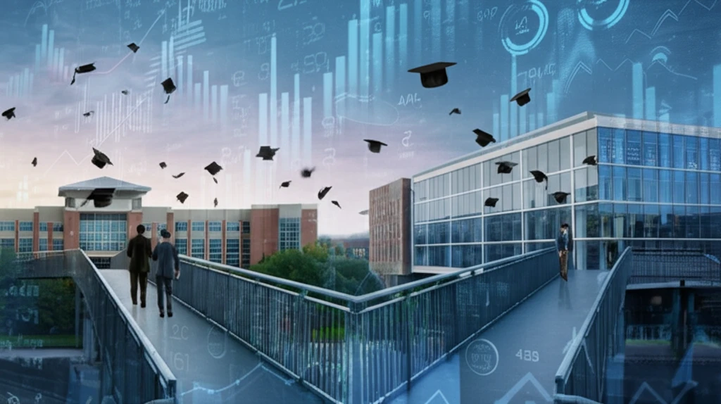 A bridge connecting a university to an office building, symbolizing the gap between accounting education and practice.