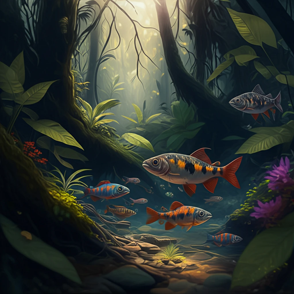 Vibrant Ecuadorian rainforest stream with colorful fish.