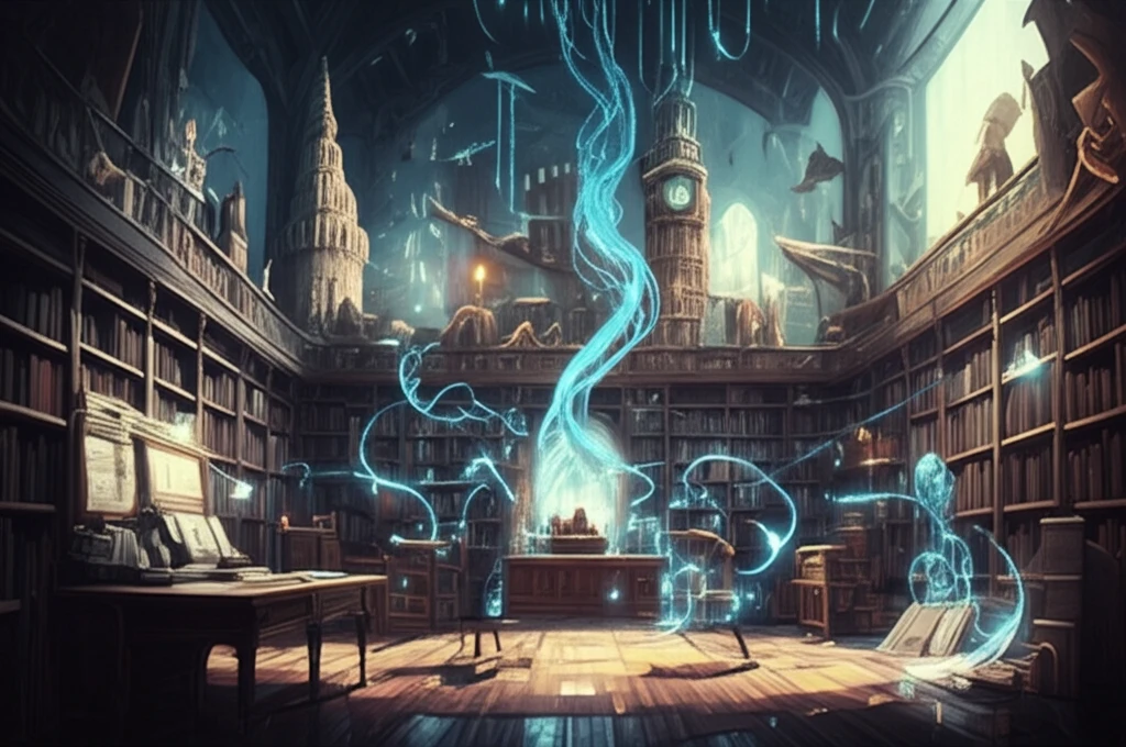 Digital illustration of data streams connecting historical figures and landmarks in a vast library.