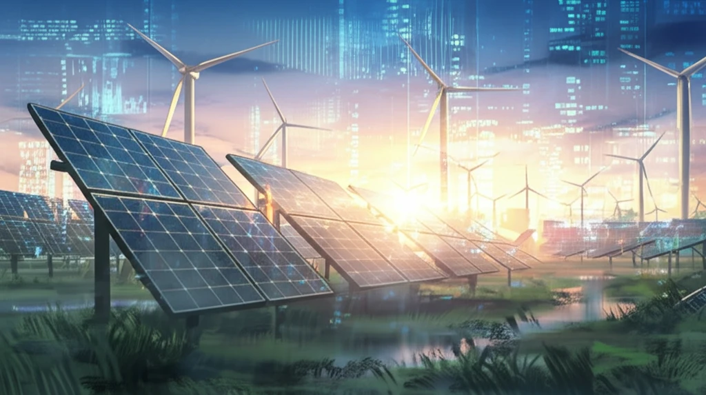 Interconnected solar panels and wind turbines symbolizing hybrid renewable energy.