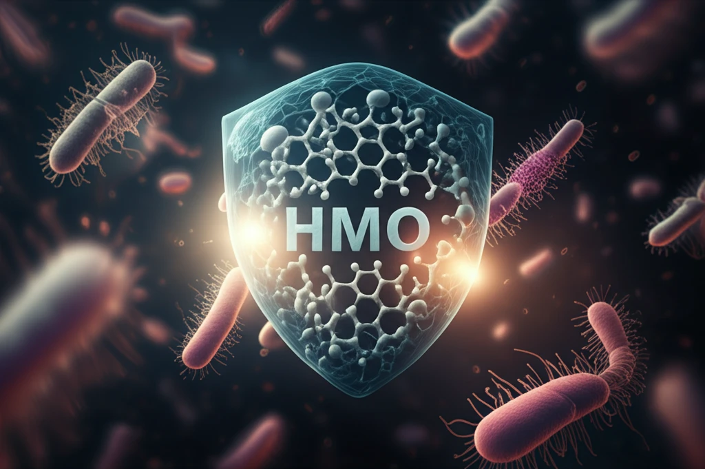 Surreal illustration of HMOs protecting a baby's gut with probiotics.