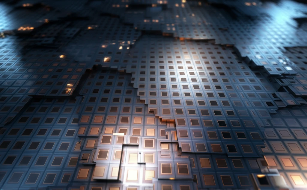 Silicon wafer with glowing germanium implants forming a crystalline lattice.