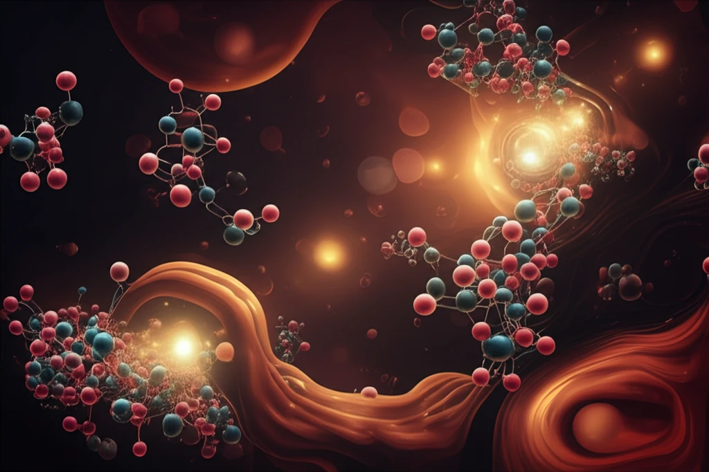 Microscopic view of complex molecular interactions in a vibrant solvent.