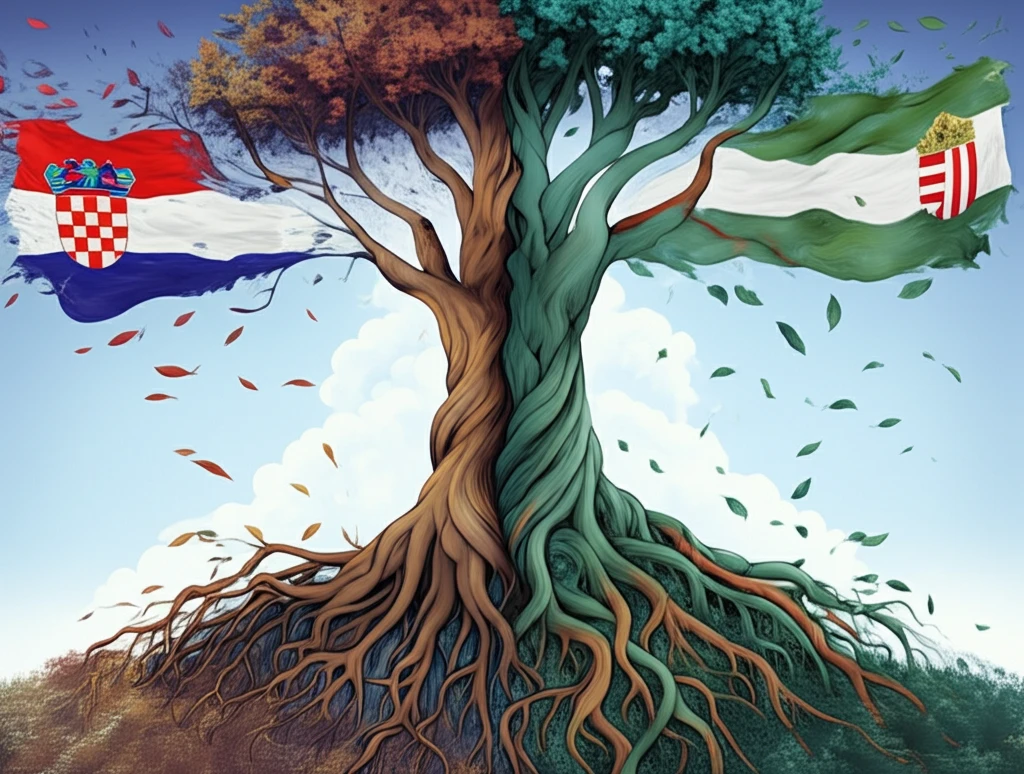 Intertwined trees symbolizing the relationship between Croatia and Hungary.