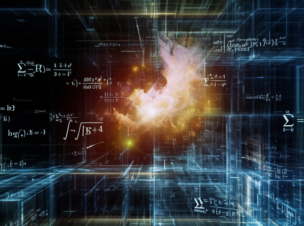 Surreal 3D digital landscape reconstructed from glowing mathematical equations, symbolizing advanced image analysis.