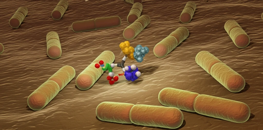 Microscopic view of Mycobacterium tuberculosis adapting to hypoxia, with metabolic pathways and drug molecule.