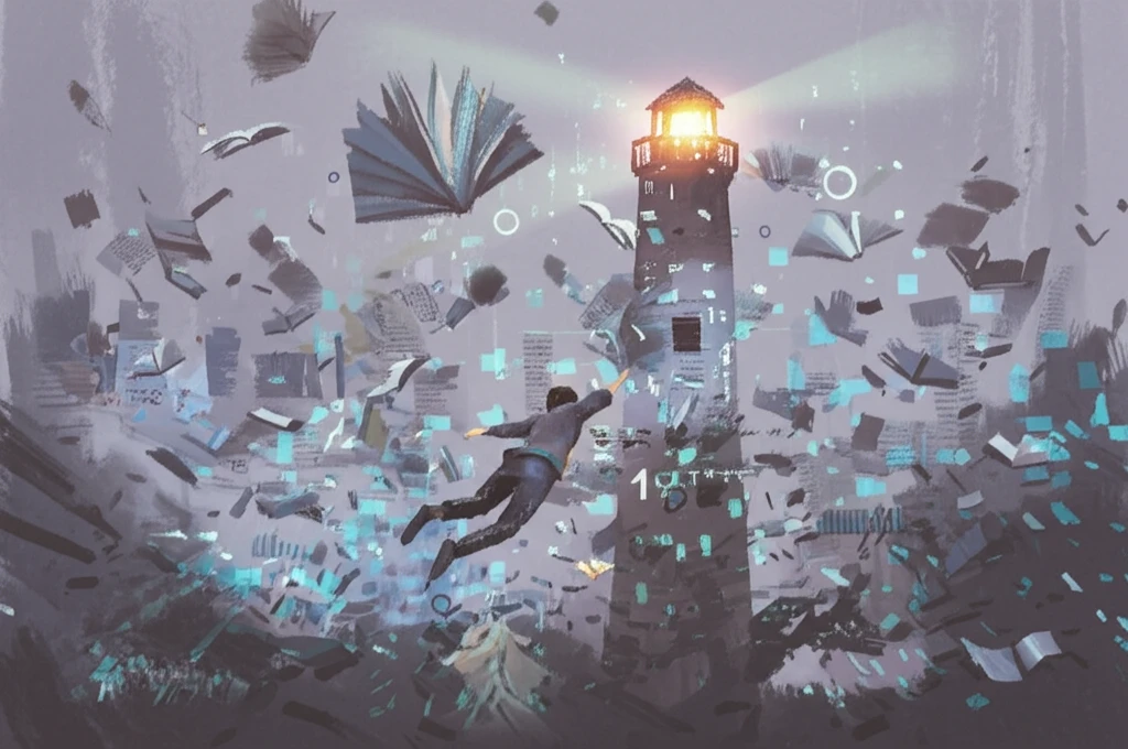 A person swimming through a sea of information toward a lighthouse.