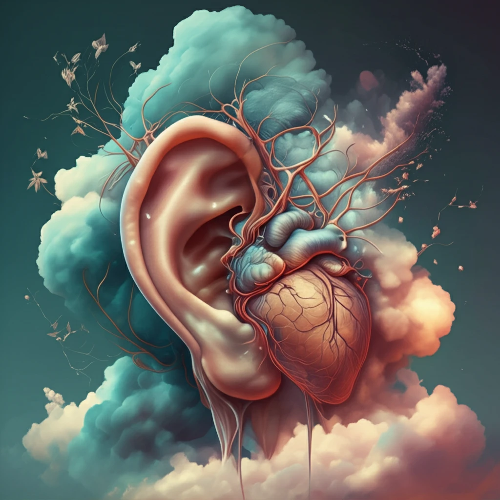 Surreal illustration of an ear intertwined with a heart.