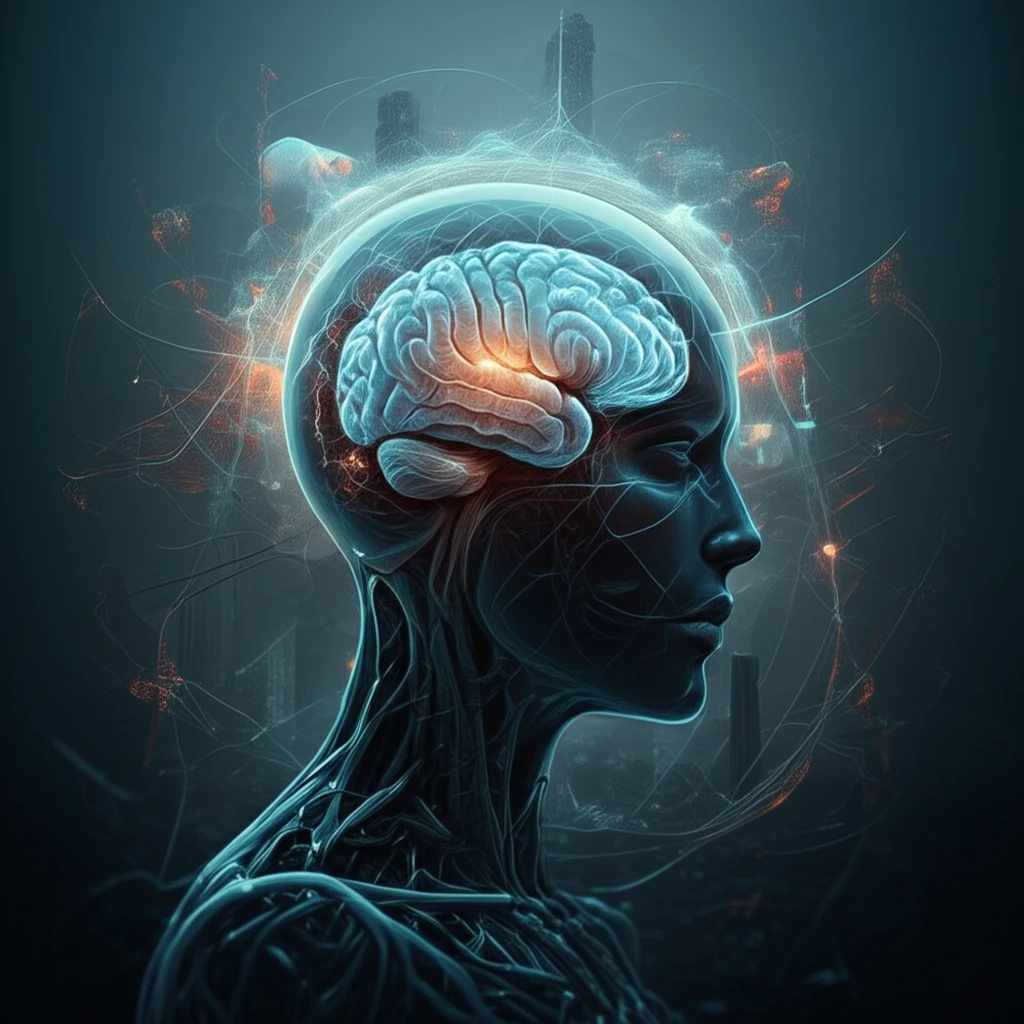 Brain illustration with amygdala and hippocampus glowing, cityscape background.
